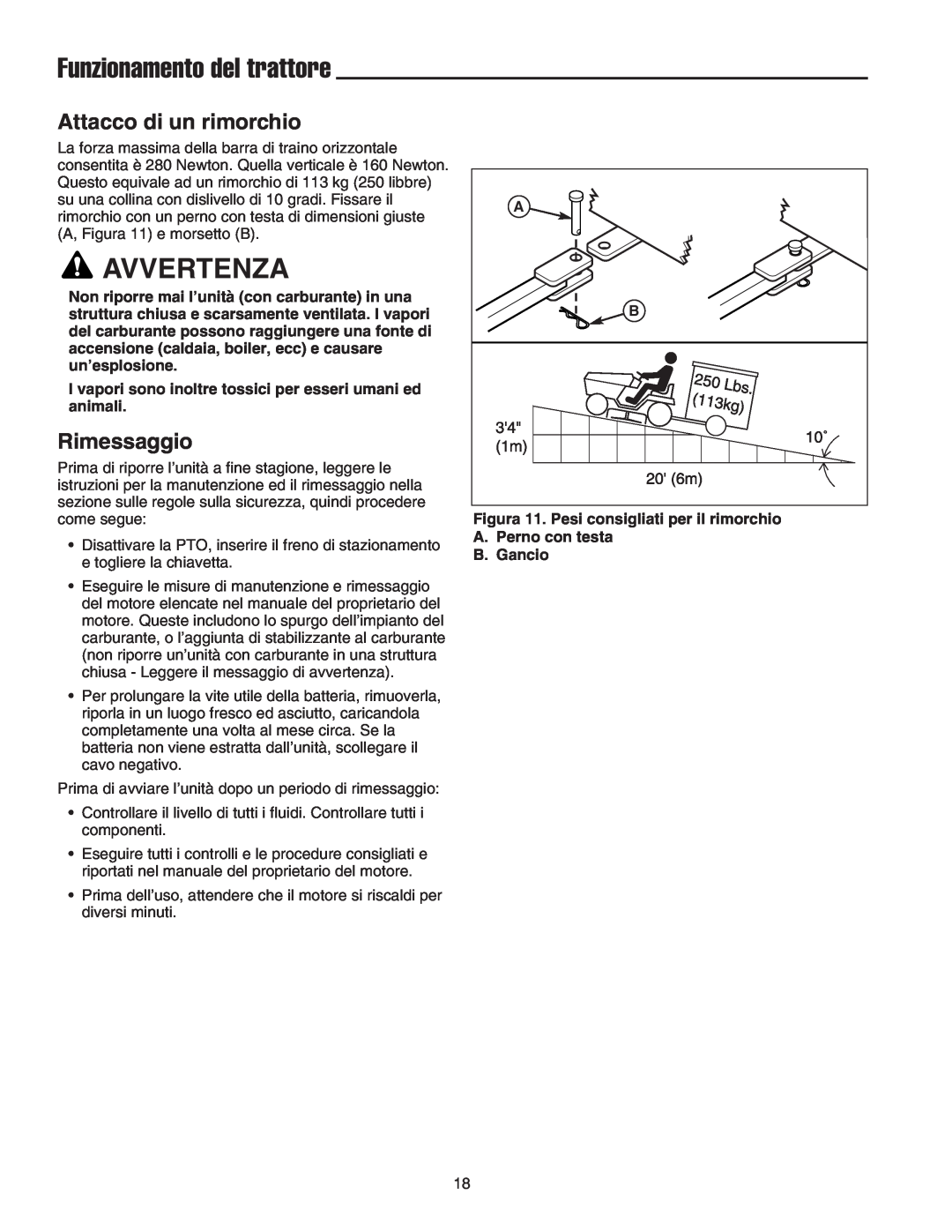 Briggs & Stratton Printer instruction sheet Attacco di un rimorchio, Rimessaggio, Funzionamento del trattore, Avvertenza 