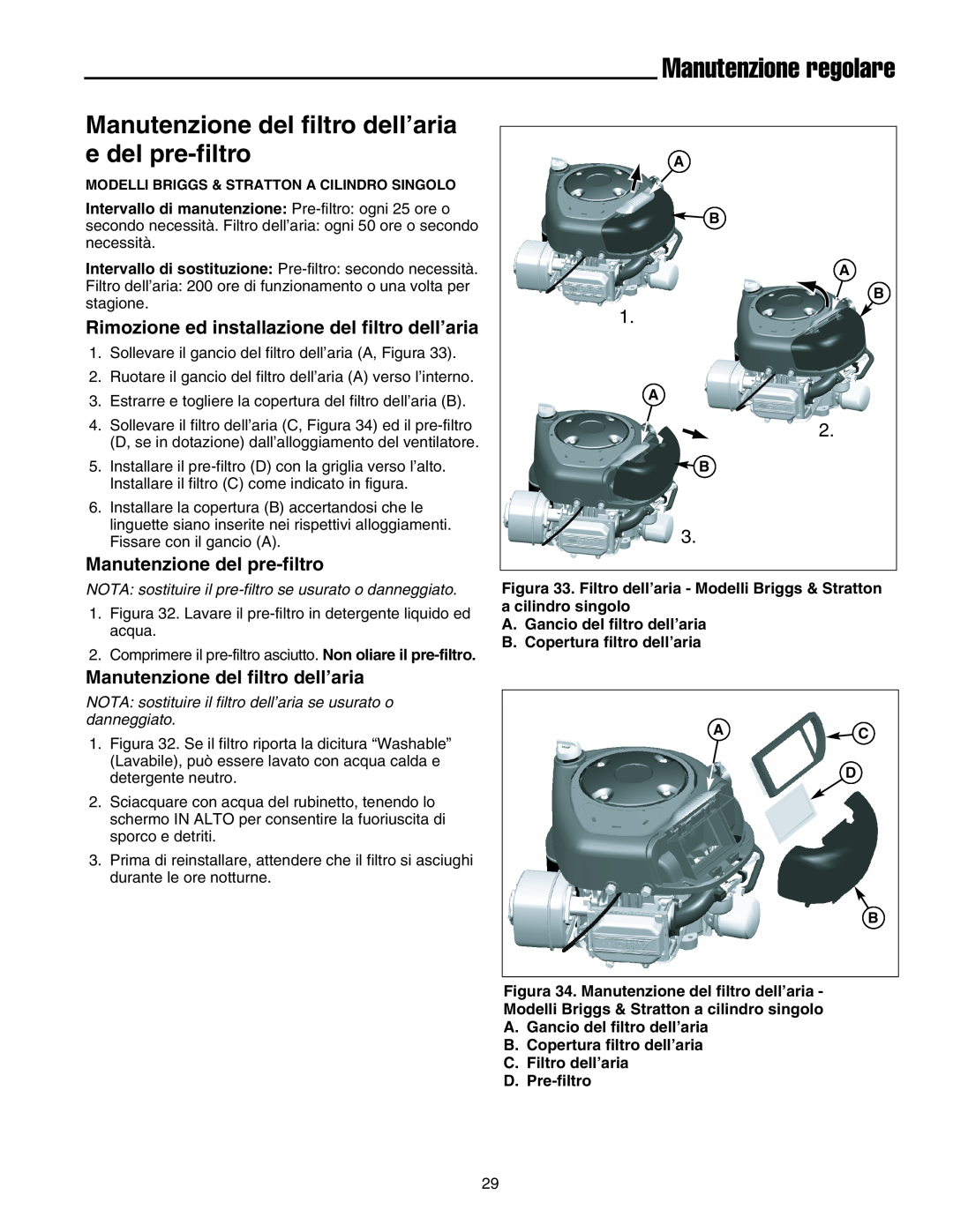 Briggs & Stratton Printer instruction sheet Manutenzione regolare, Manutenzione del filtro dell’aria e del pre-filtro 
