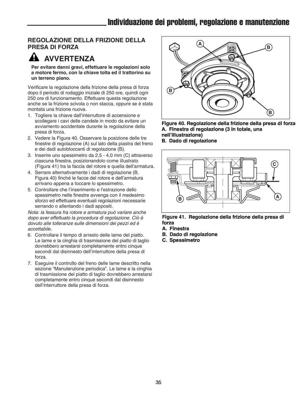 Briggs & Stratton Printer instruction sheet Regolazione Della Frizione Della Presa Di Forza, Avvertenza 