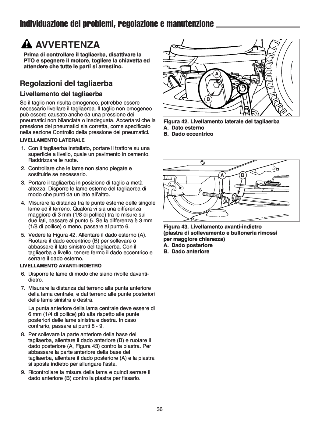 Briggs & Stratton Printer instruction sheet Regolazioni del tagliaerba, Livellamento del tagliaerba, Avvertenza 