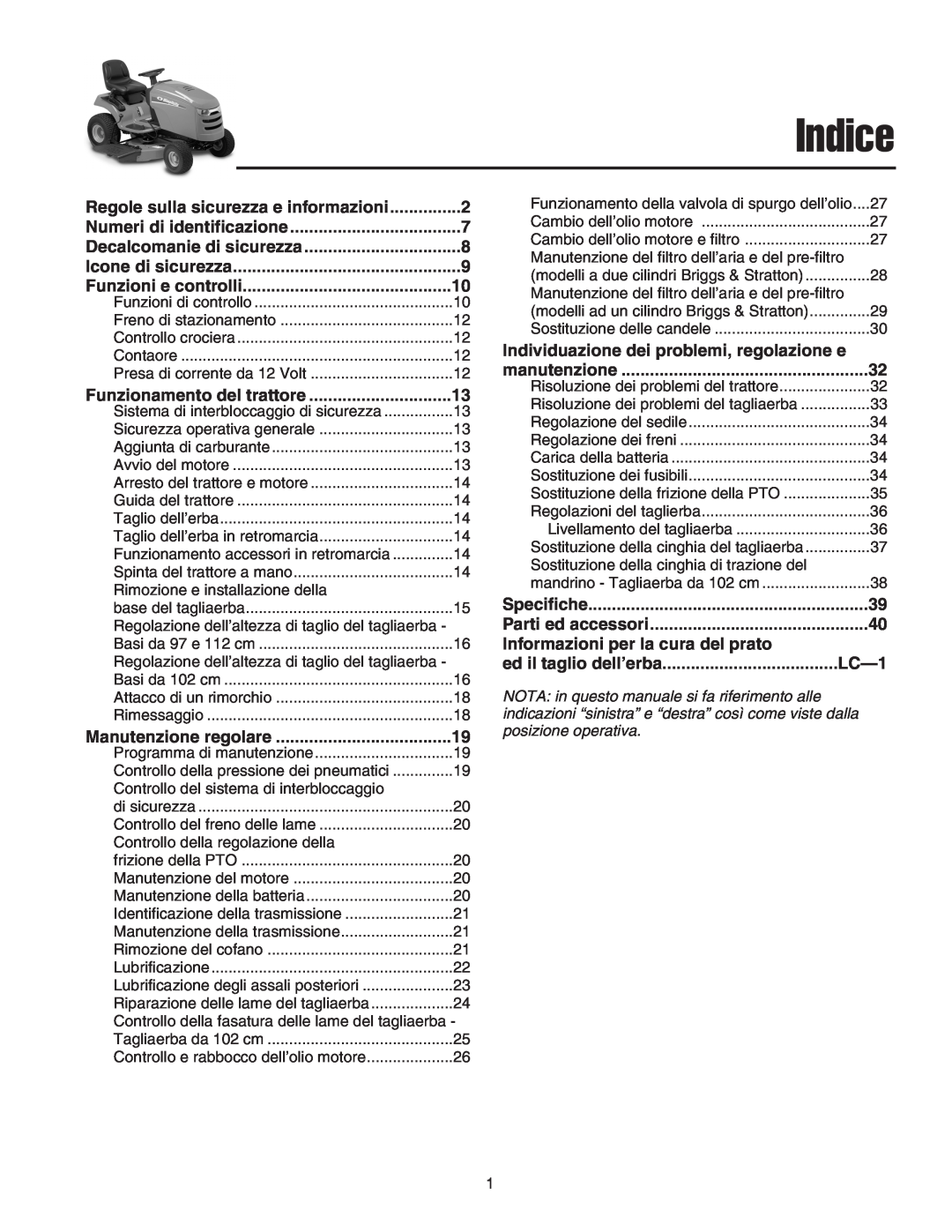 Briggs & Stratton Printer Indice, Funzioni e controlli, Informazioni per la cura del prato, ed il taglio dell’erba, LC-1 