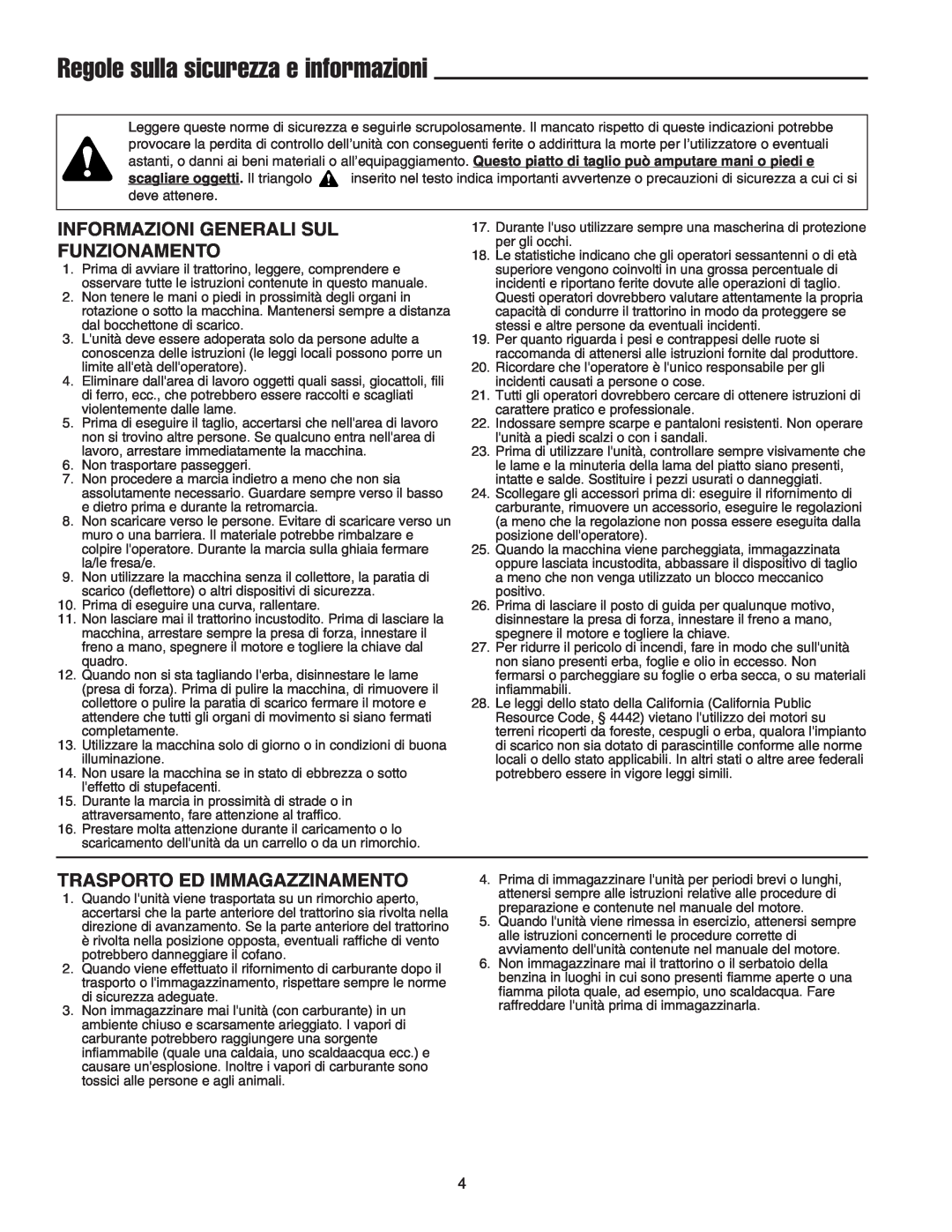 Briggs & Stratton Printer instruction sheet Informazioni Generali Sul Funzionamento, Trasporto Ed Immagazzinamento 