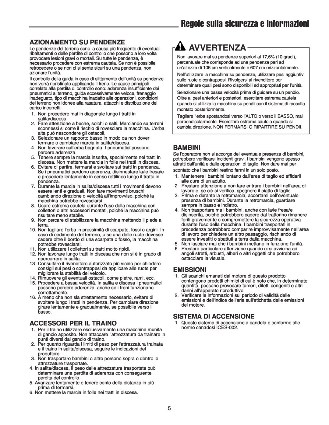 Briggs & Stratton Printer Regole sulla sicurezza e informazioni, Avvertenza, Azionamento Su Pendenze, Bambini, Emissioni 