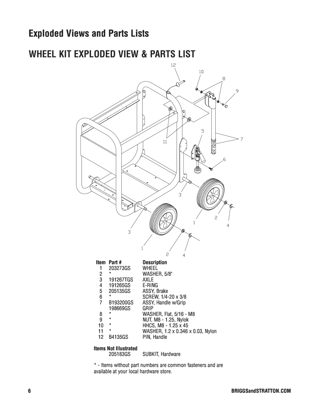 Briggs & Stratton PRO 10000 Wheel Kit Exploded View & Parts List, Exploded Views and Parts Lists, Part #, Description 