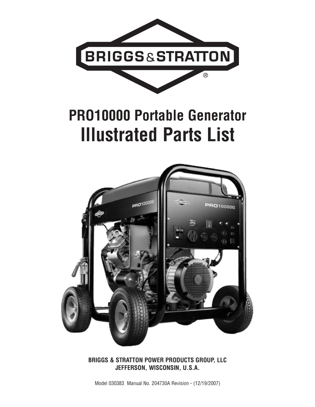 Briggs & Stratton PRO10000 030383, PRO 10000 manual Illustrated Parts List 