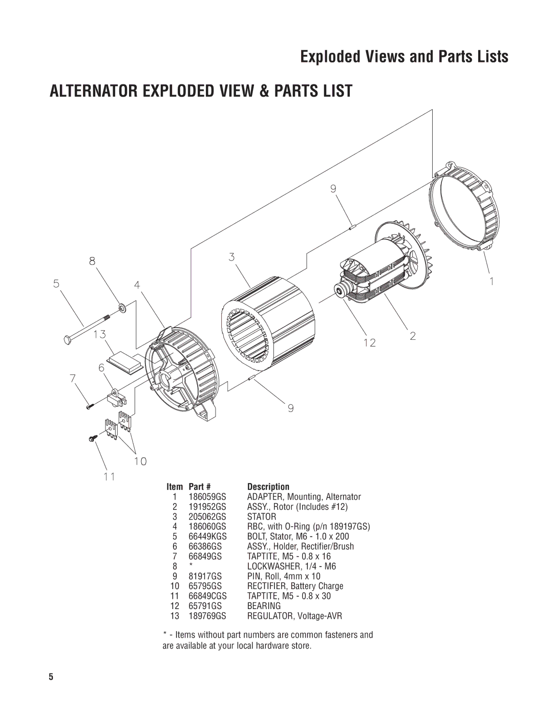 Briggs & Stratton PRO10000 030383, PRO 10000 manual Alternator Exploded View & Parts List, Bearing 