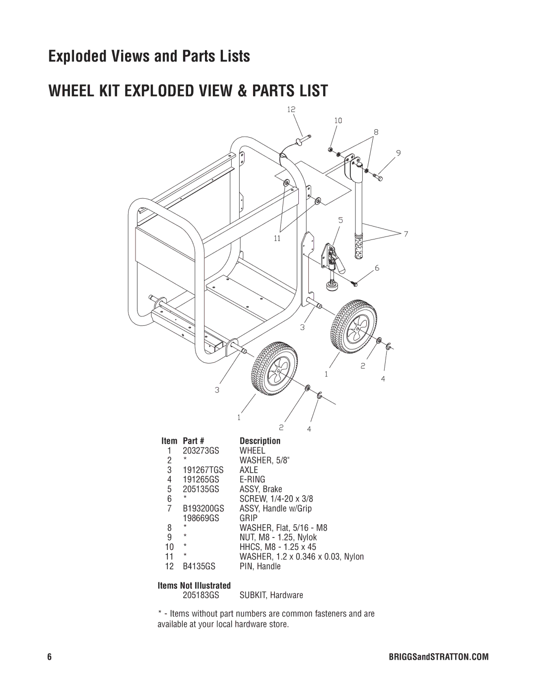 Briggs & Stratton PRO 10000, PRO10000 030383 manual Wheel KIT Exploded View & Parts List, Axle, Ring, Grip 