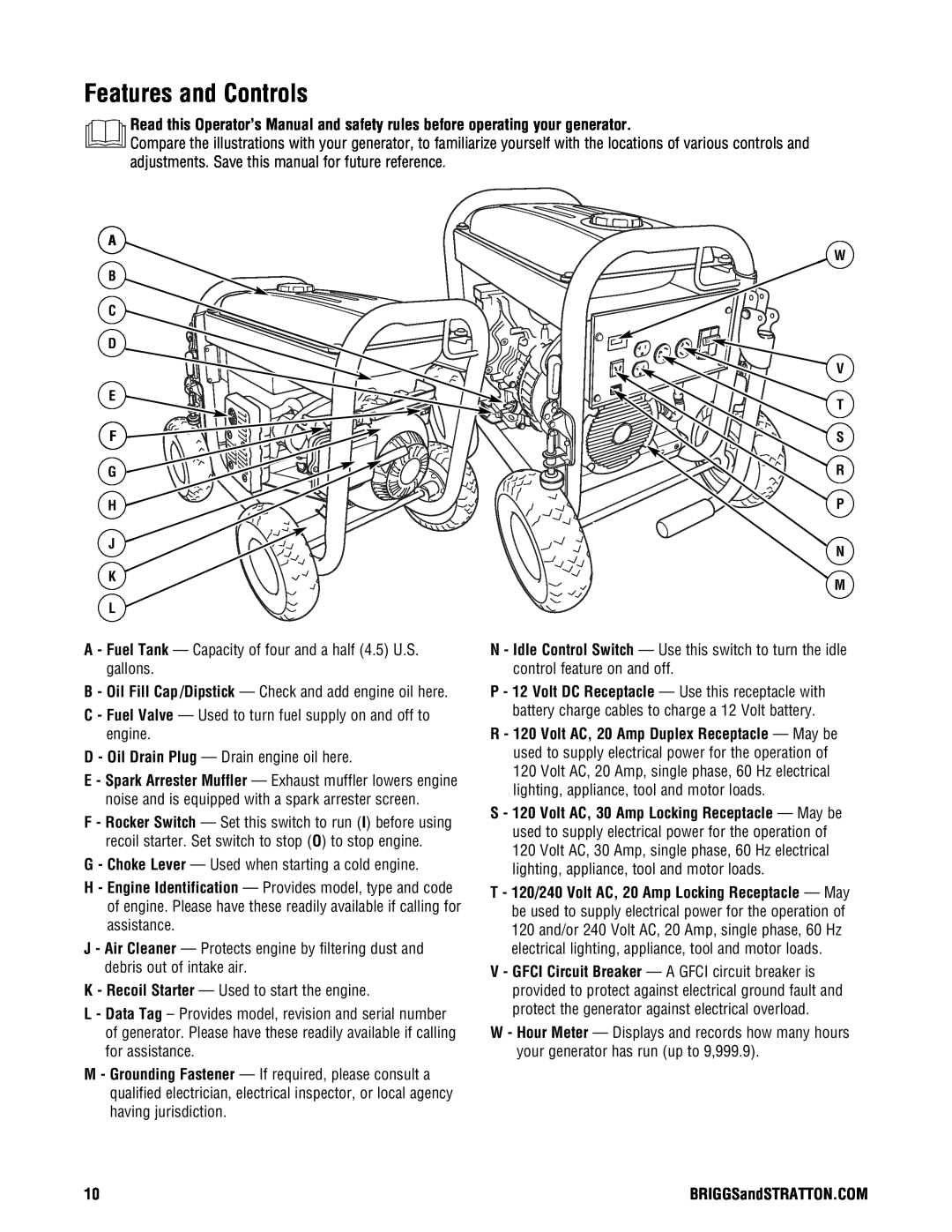 Briggs & Stratton PRO4000 manual Features and Controls 