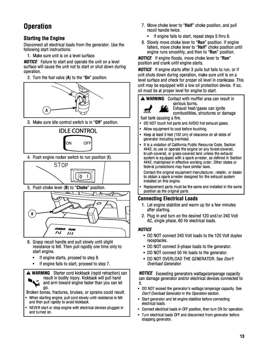 Briggs & Stratton PRO4000 manual Operation, Starting the Engine, Connecting Electrical Loads 