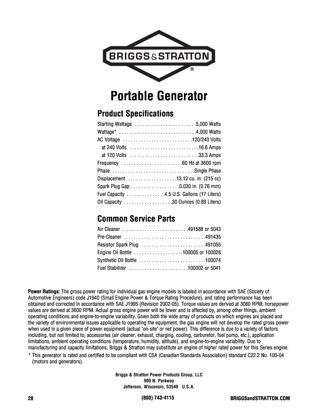 Briggs & Stratton PRO4000 manual Portable Generator, Product Specifications, Common Service Parts 