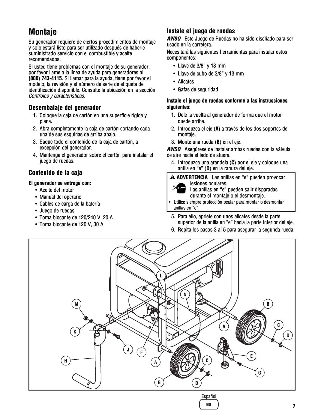 Briggs & Stratton PRO4000 manual Montaje, Desembalaje del generador, Contenido de la caja, Instale el juego de ruedas 