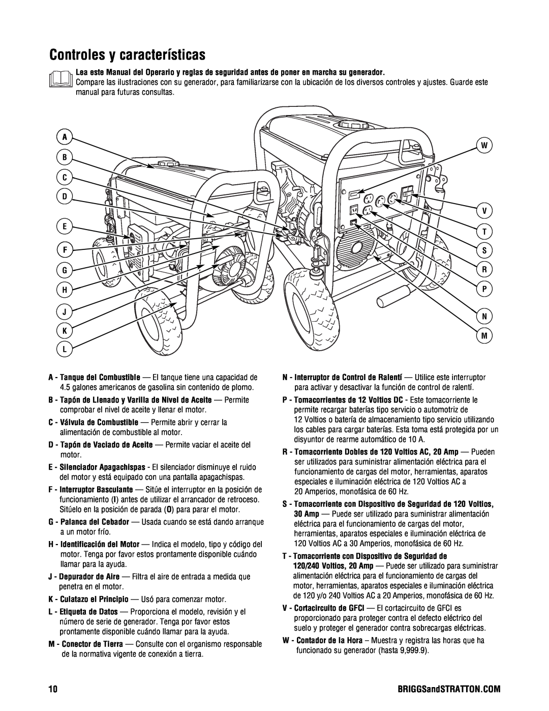 Briggs & Stratton PRO4000 manual Controles y características, A B C D E F G H J K L, W V T S R P N M 