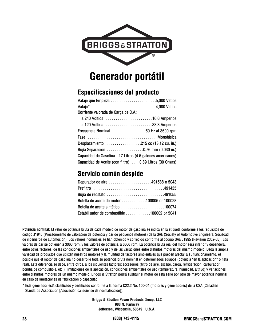 Briggs & Stratton PRO4000 manual Generador portátil, Especificaciones del producto, Servicio común despide 