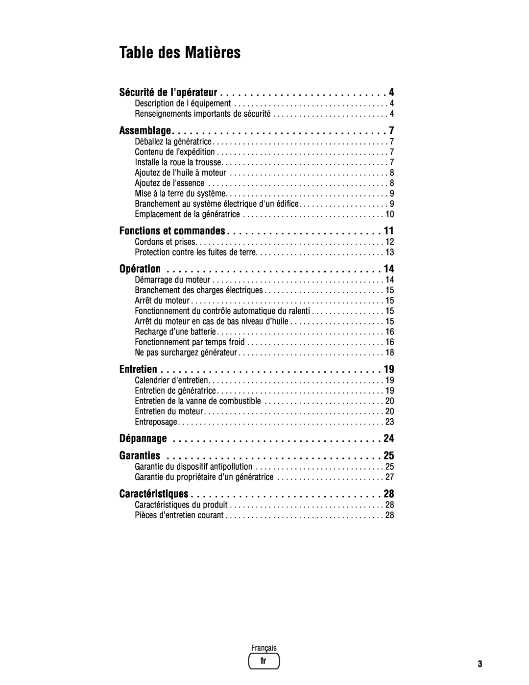Briggs & Stratton PRO4000 manual Table des Matières, Sécurité de l’opérateur, Assemblage, Fonctions et commandes, Opération 