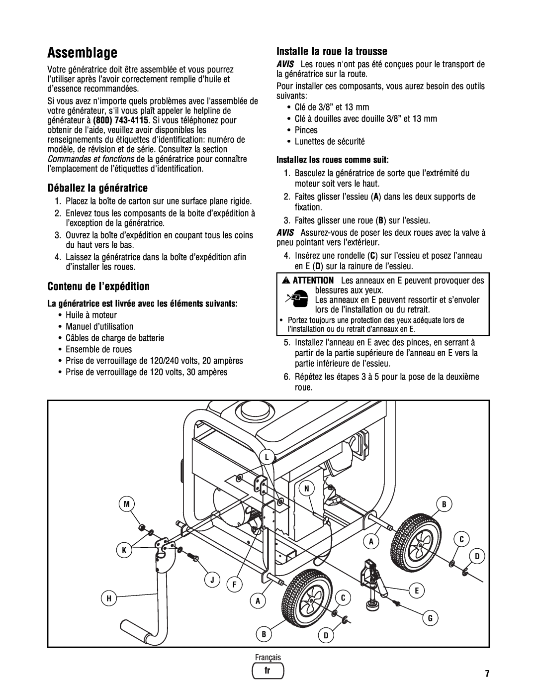Briggs & Stratton PRO4000 manual Assemblage, Déballez la génératrice, Contenu de l’expédition, Installe la roue la trousse 