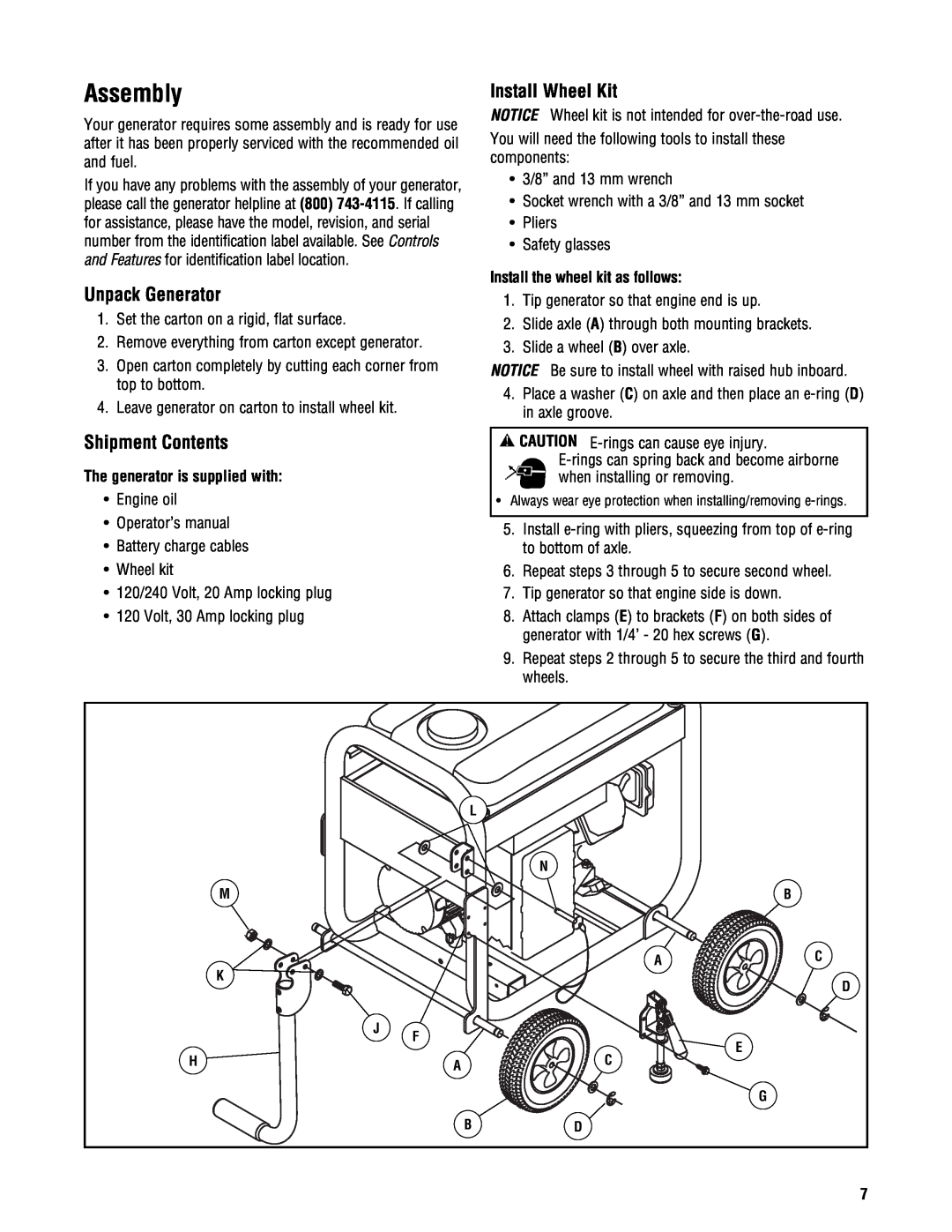 Briggs & Stratton PRO4000 Assembly, Install Wheel Kit, Unpack Generator, Shipment Contents, The generator is supplied with 
