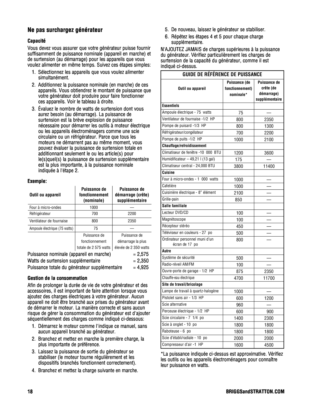Briggs & Stratton PRO4000 manual Ne pas surchargez générateur, Capacité, Exemple, Gestion de la consommation 
