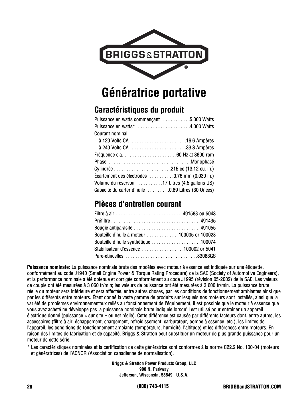 Briggs & Stratton PRO4000 manual Génératrice portative, Caractéristiques du produit, Pièces d’entretien courant 