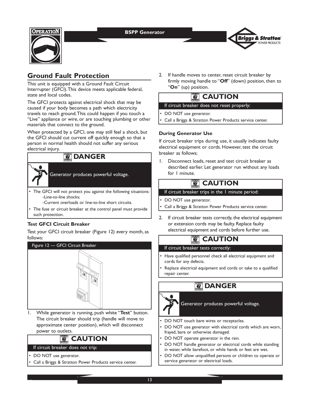 Briggs & Stratton PRO4000 owner manual Ground Fault Protection, Test Gfci Circuit Breaker, During Generator Use 