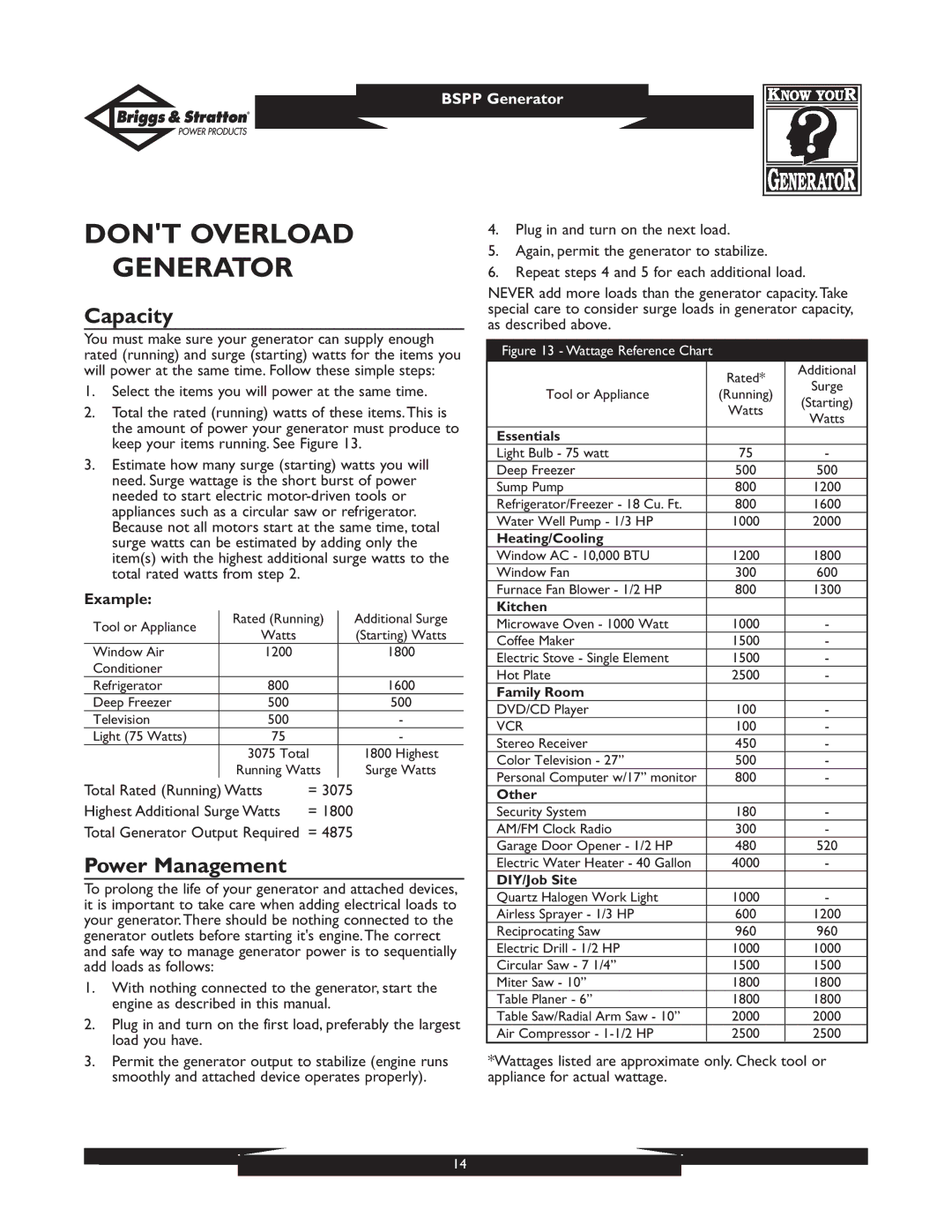 Briggs & Stratton PRO4000 owner manual Dont Overload Generator, Capacity, Power Management, Example 