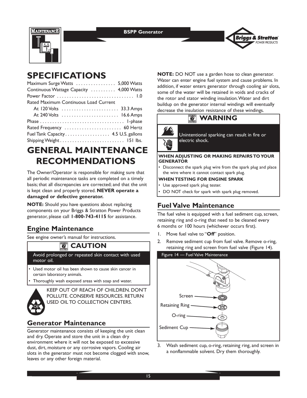 Briggs & Stratton PRO4000 Specifications, General Maintenance Recommendations, Engine Maintenance, Generator Maintenance 