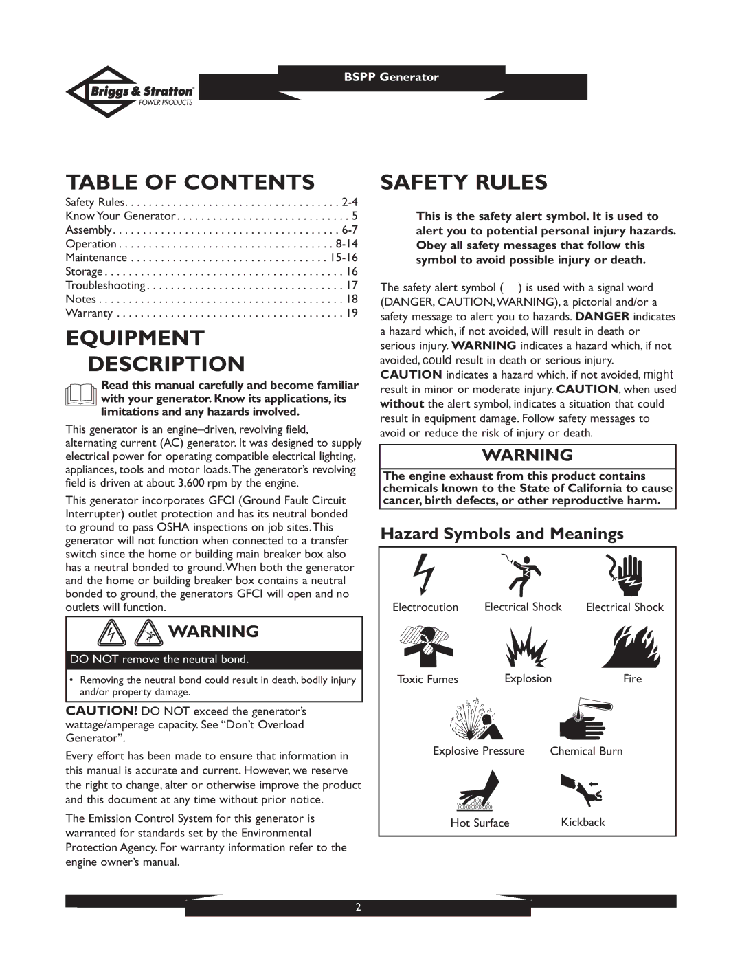 Briggs & Stratton PRO4000 owner manual Table of Contents, Equipment Description, Safety Rules 