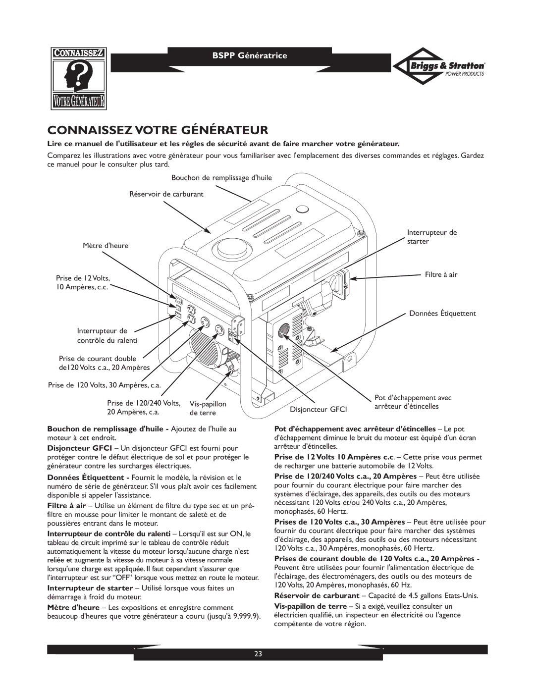 Briggs & Stratton PRO4000 owner manual Connaissez Votre Générateur, Arrêteur d’étincelles 