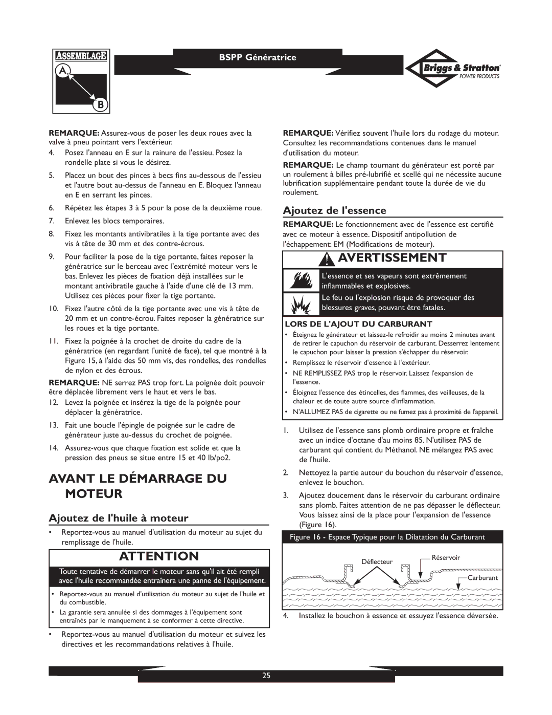 Briggs & Stratton PRO4000 owner manual Avant LE Démarrage DU Moteur, Ajoutez de lhuile à moteur, Ajoutez de lessence 