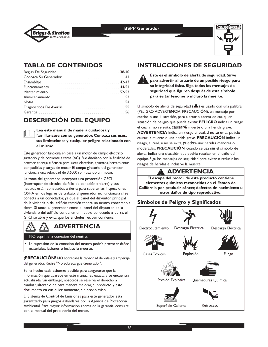 Briggs & Stratton PRO4000 owner manual Tabla DE Contenidos, Descripción DEL Equipo, Advertencia, Instrucciones DE Seguridad 