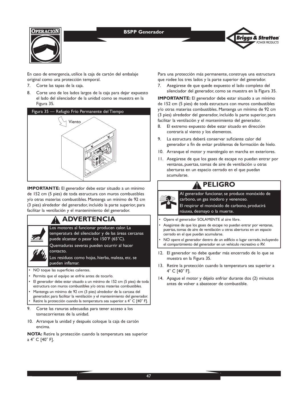 Briggs & Stratton PRO4000 owner manual Figura 35 Refugio Frío Permanente del Tiempo 