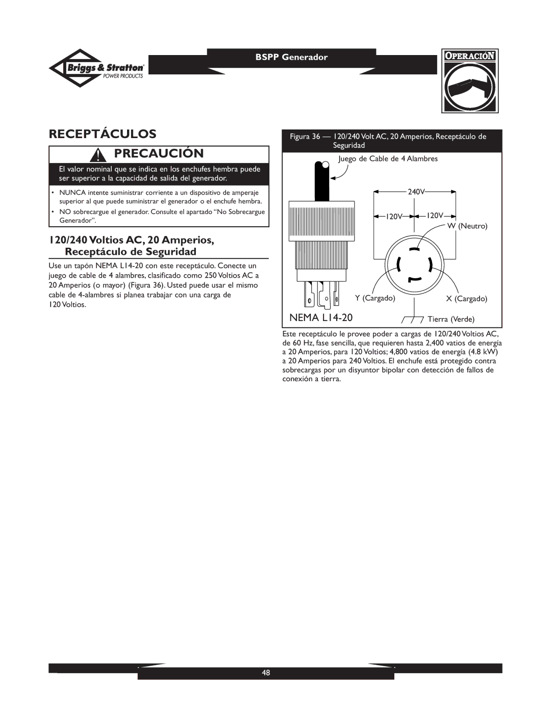 Briggs & Stratton PRO4000 Receptáculos Precaución, 120/240 Voltios AC, 20 Amperios, Receptáculo de Seguridad, Tierra Verde 