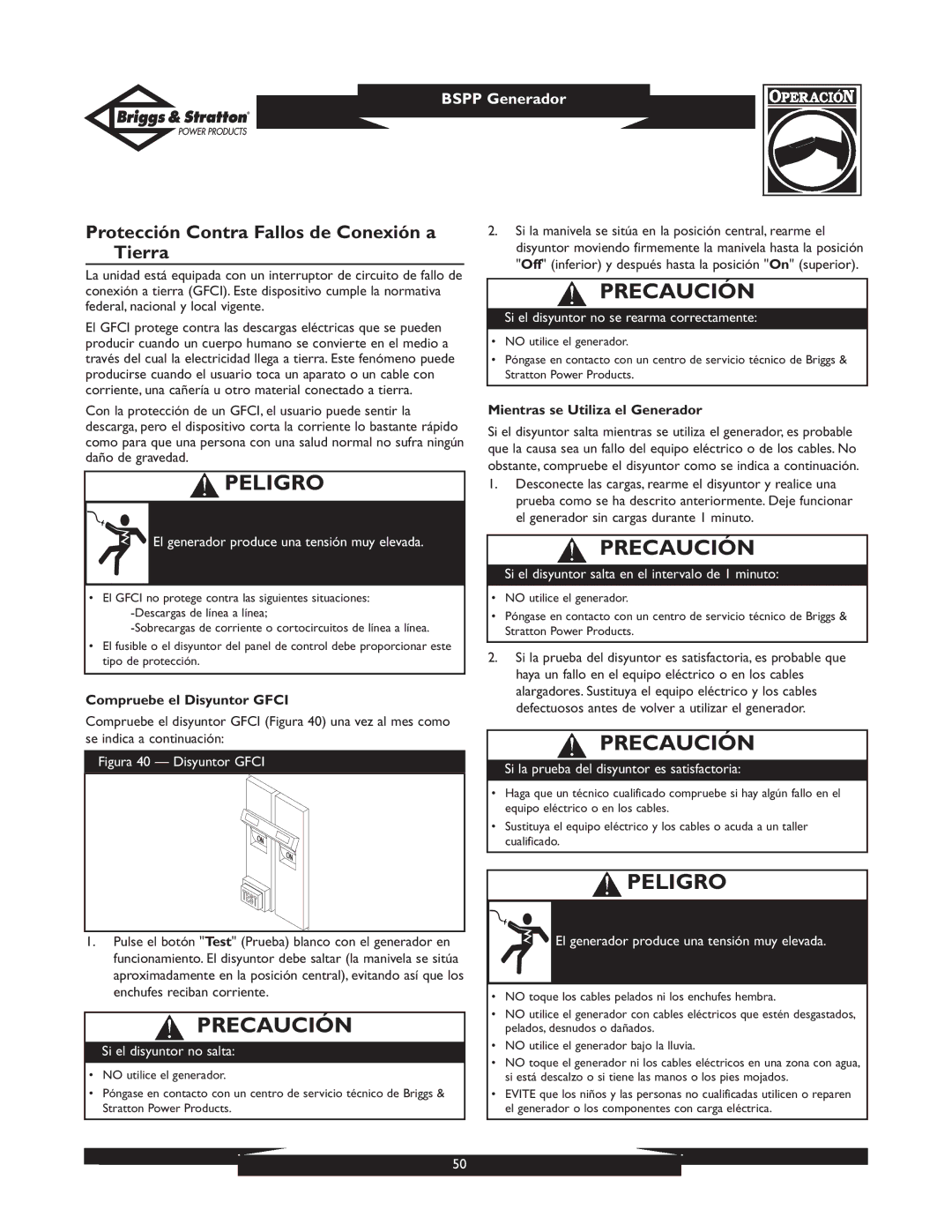 Briggs & Stratton PRO4000 owner manual Protección Contra Fallos de Conexión a Tierra, Compruebe el Disyuntor Gfci 