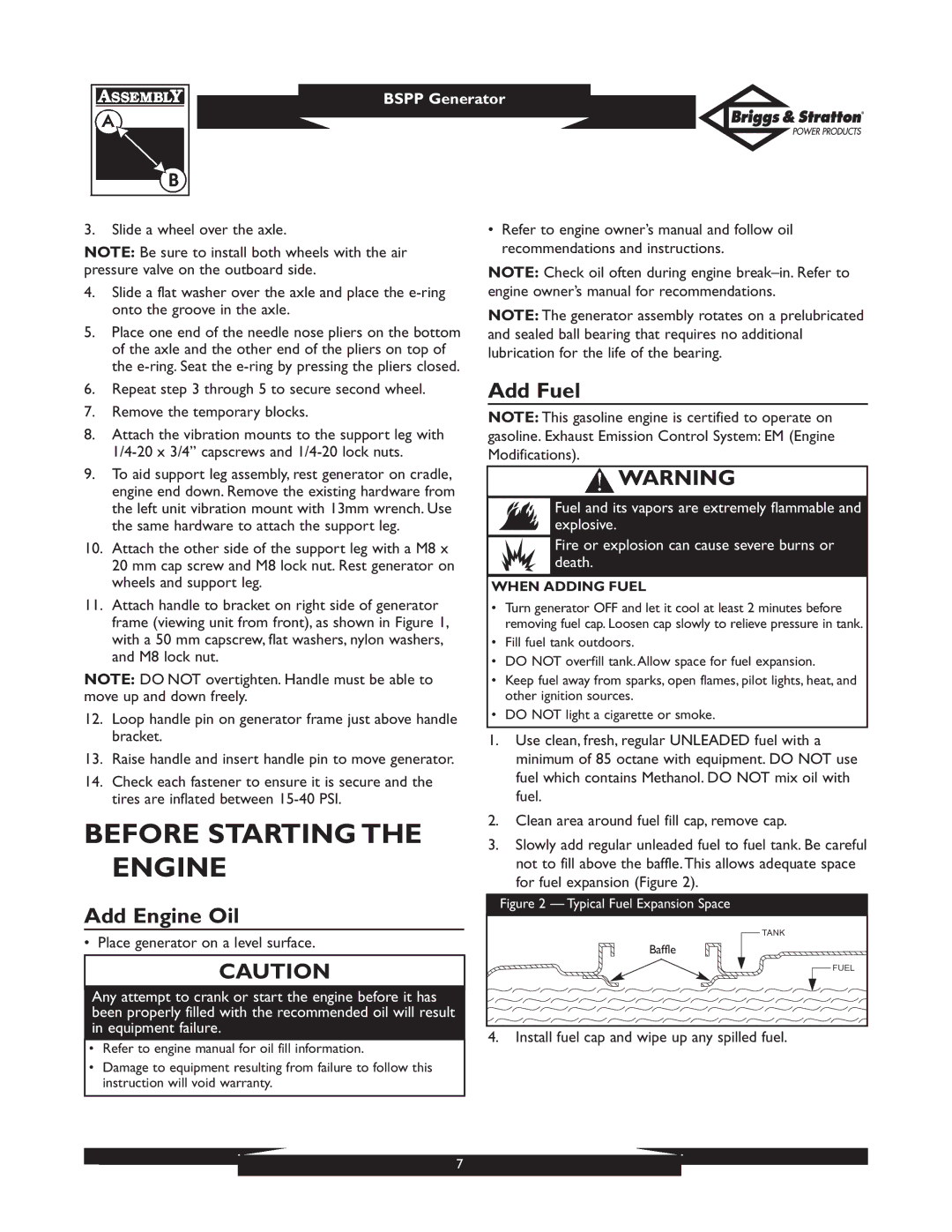 Briggs & Stratton PRO4000 owner manual Before Starting the Engine, Add Fuel, Add Engine Oil, When Adding Fuel 