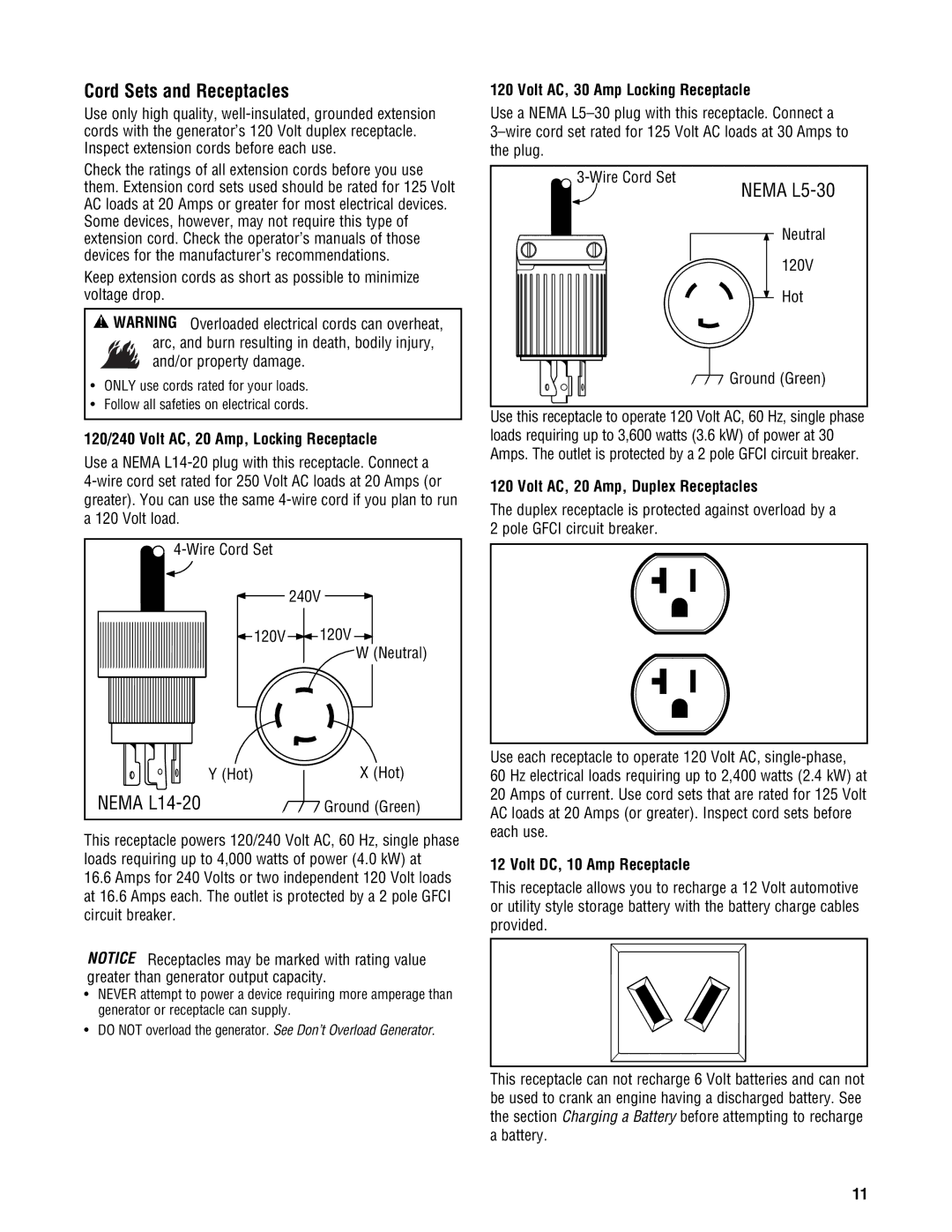 Briggs & Stratton PRO4000 manual Cord Sets and Receptacles, 120/240 Volt AC, 20 Amp, Locking Receptacle 