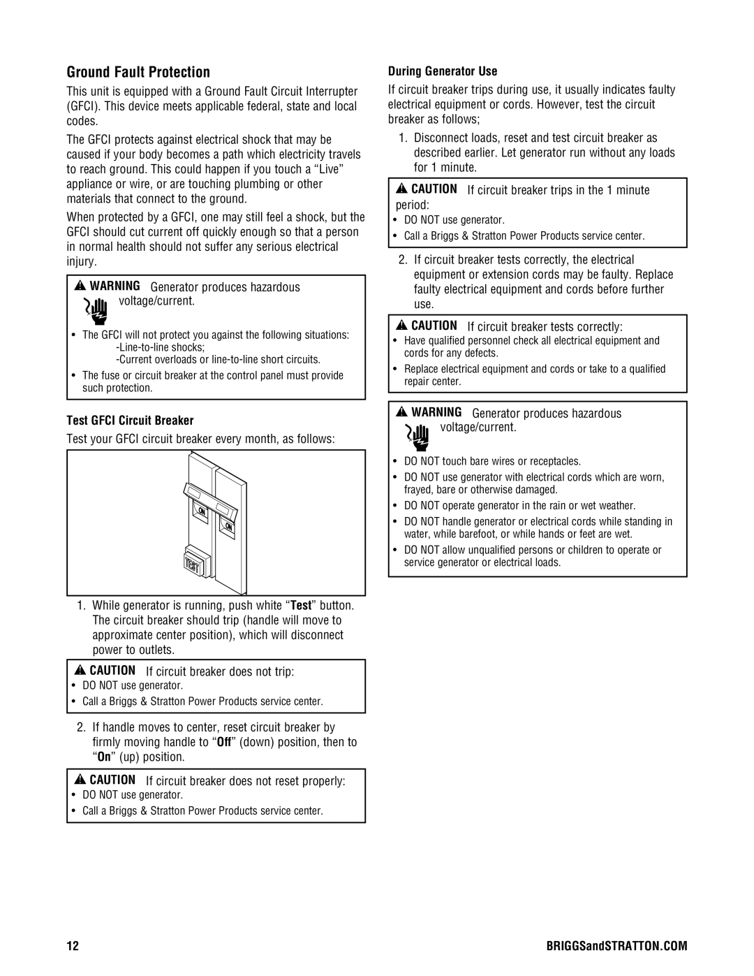 Briggs & Stratton PRO4000 manual Ground Fault Protection, Test Gfci Circuit Breaker, During Generator Use 