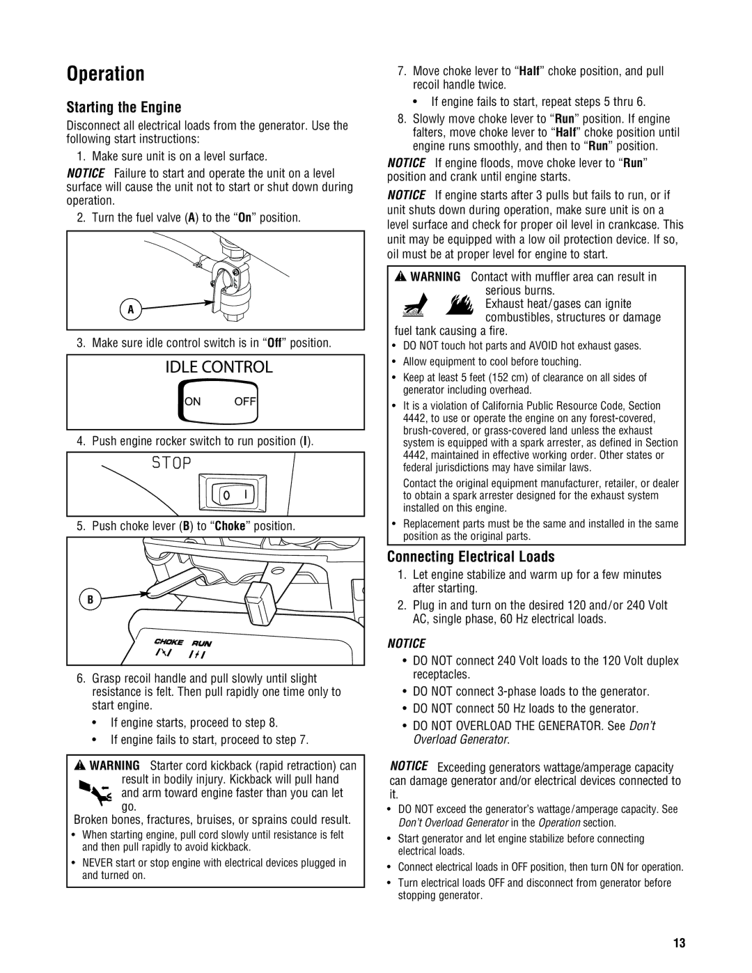 Briggs & Stratton PRO4000 manual Operation, Starting the Engine, Connecting Electrical Loads 