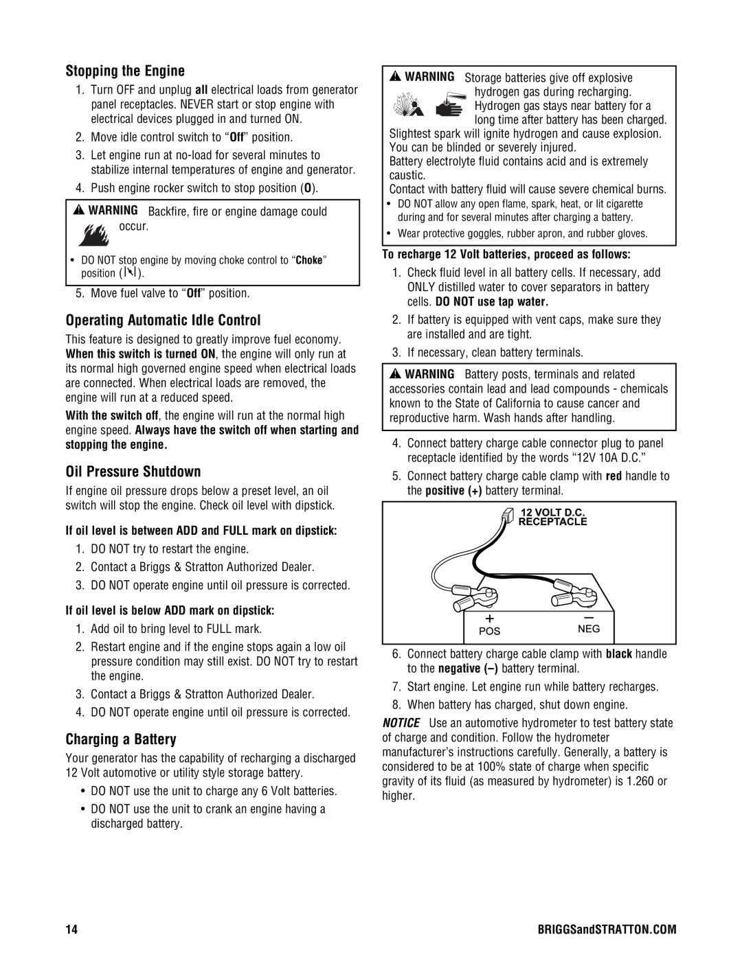 Briggs & Stratton PRO4000 Stopping the Engine, Operating Automatic Idle Control, Oil Pressure Shutdown, Charging a Battery 