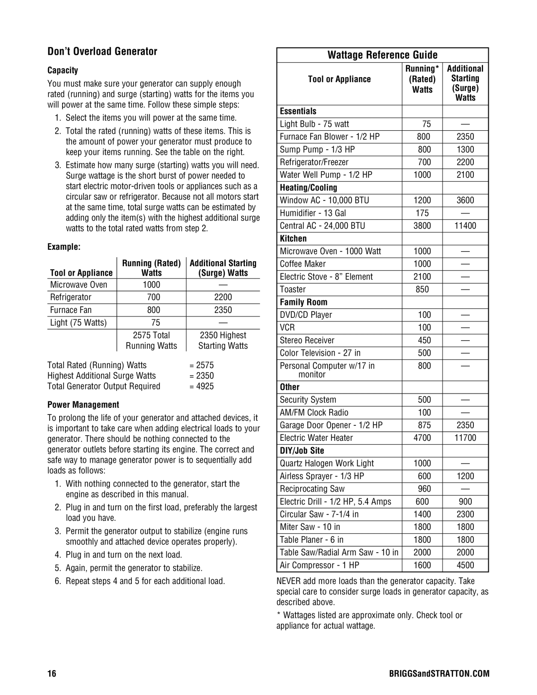 Briggs & Stratton PRO4000 manual Don’t Overload Generator, Wattage Reference Guide 