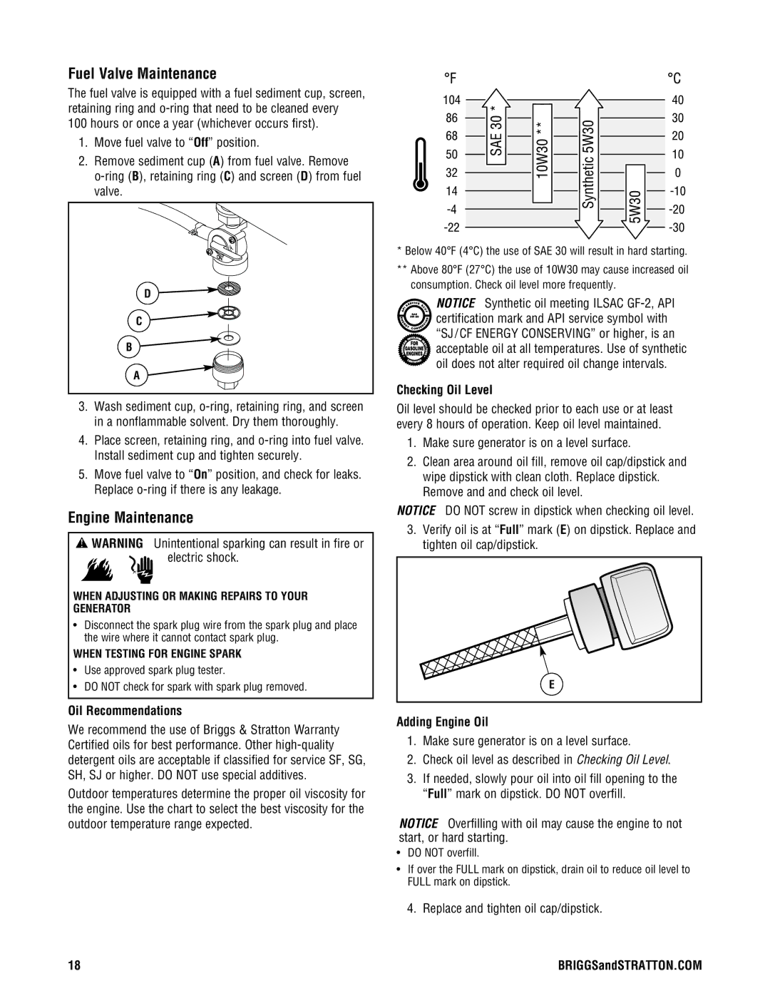 Briggs & Stratton PRO4000 manual Fuel Valve Maintenance, Engine Maintenance, Oil Recommendations, Checking Oil Level 