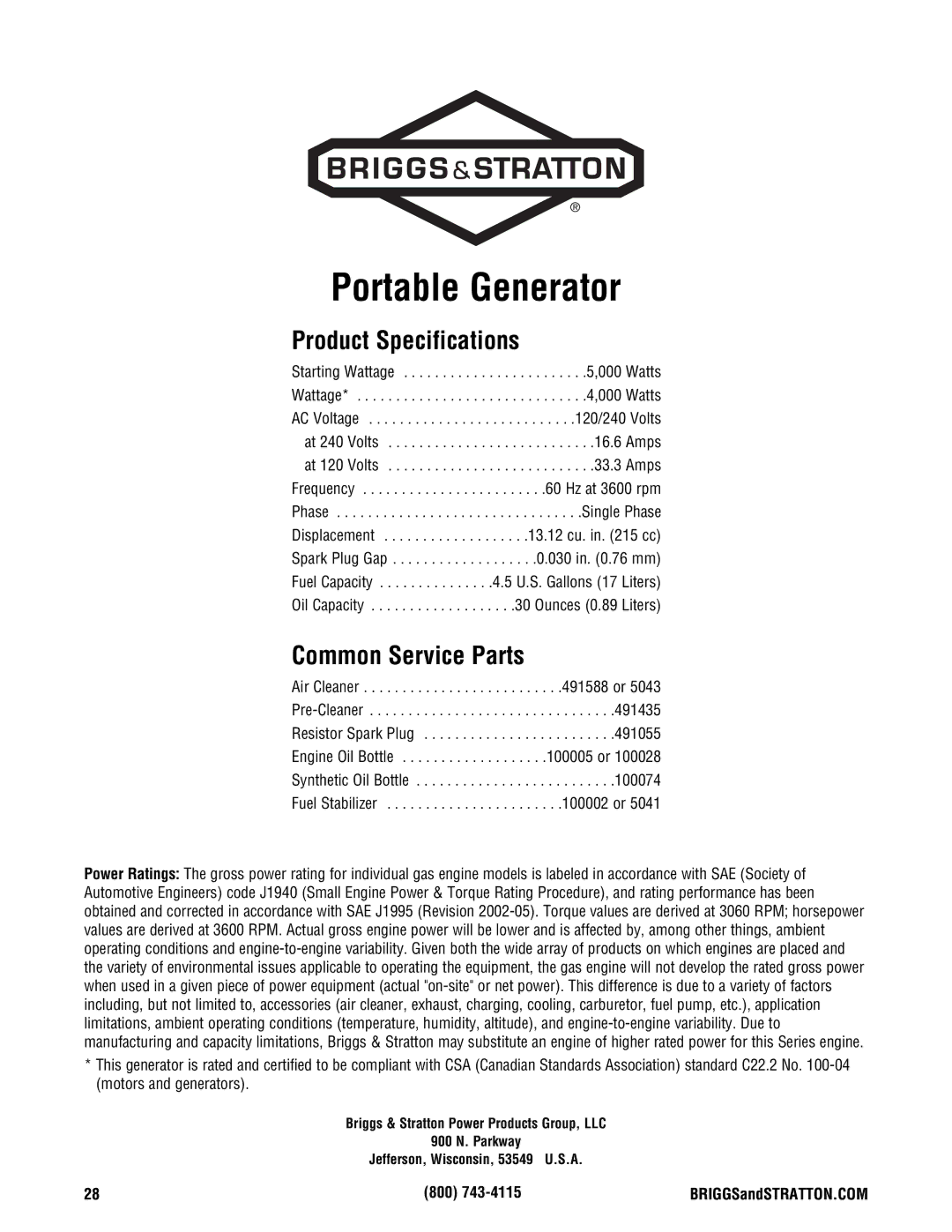 Briggs & Stratton PRO4000 manual Product Specifications, Common Service Parts, 800 