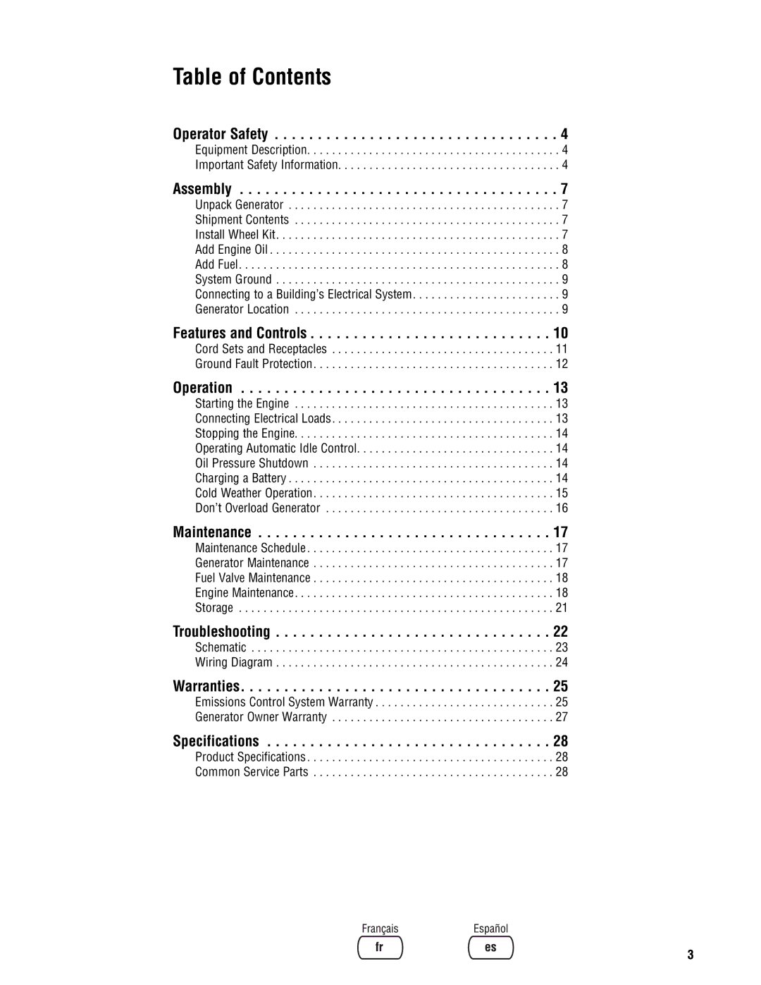 Briggs & Stratton PRO4000 manual Table of Contents 