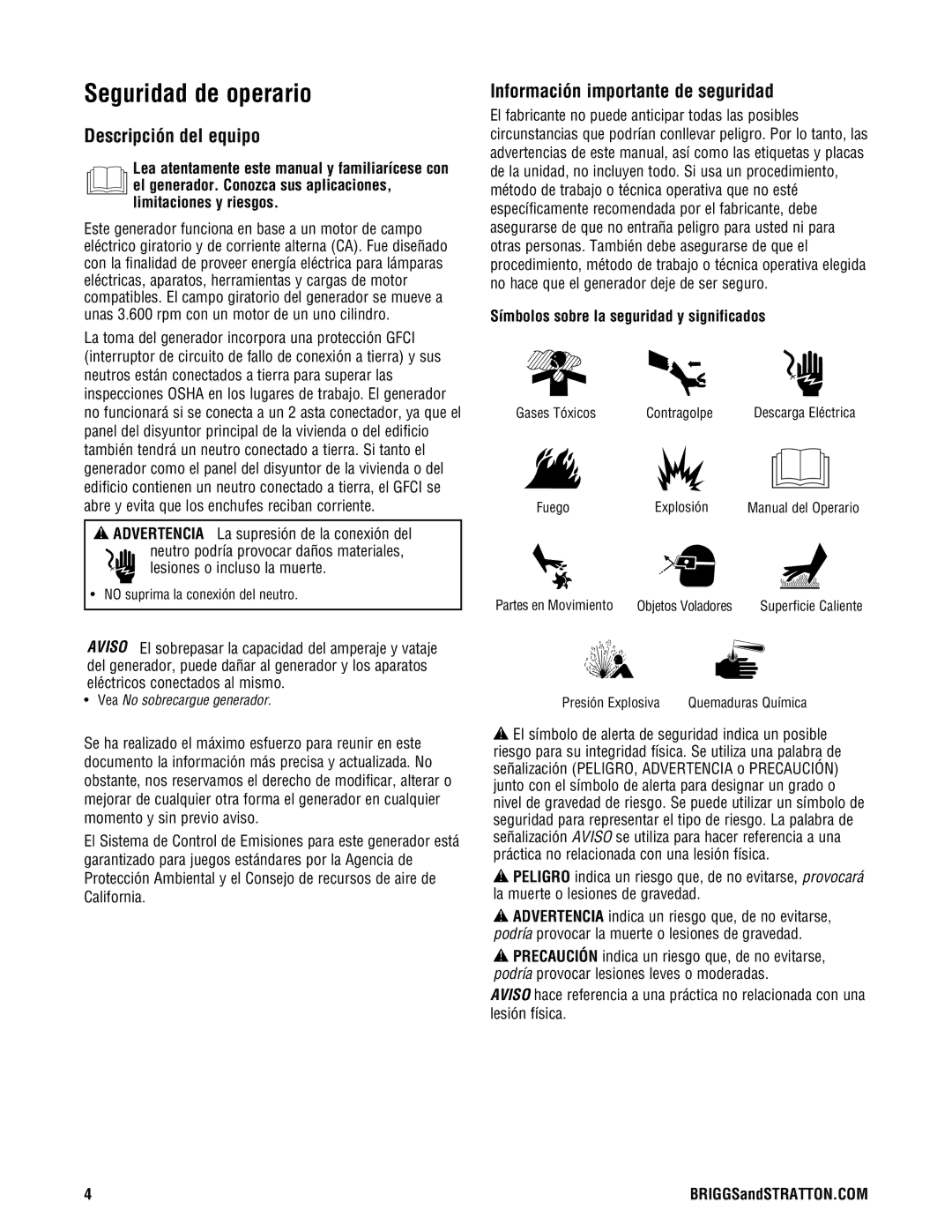 Briggs & Stratton PRO4000 manual Seguridad de operario, Descripción del equipo, Información importante de seguridad 