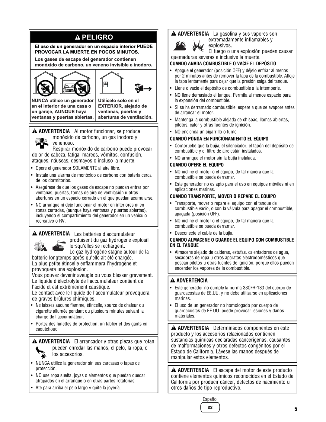 Briggs & Stratton PRO4000 manual Cuando Anada Combustible O Vacíe EL Depósito, Cuando Ponga EN Funcionamiento EL Equipo 