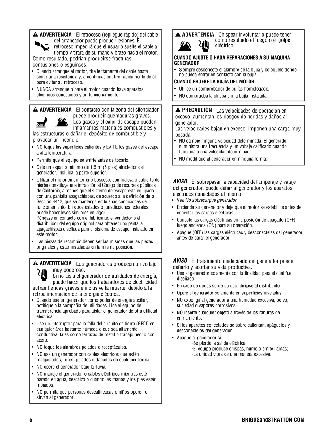 Briggs & Stratton PRO4000 manual Cuando Ajuste O Haga Reparaciones a SU Máquina Generador, Cuando Pruebe LA Bujía DEL Motor 