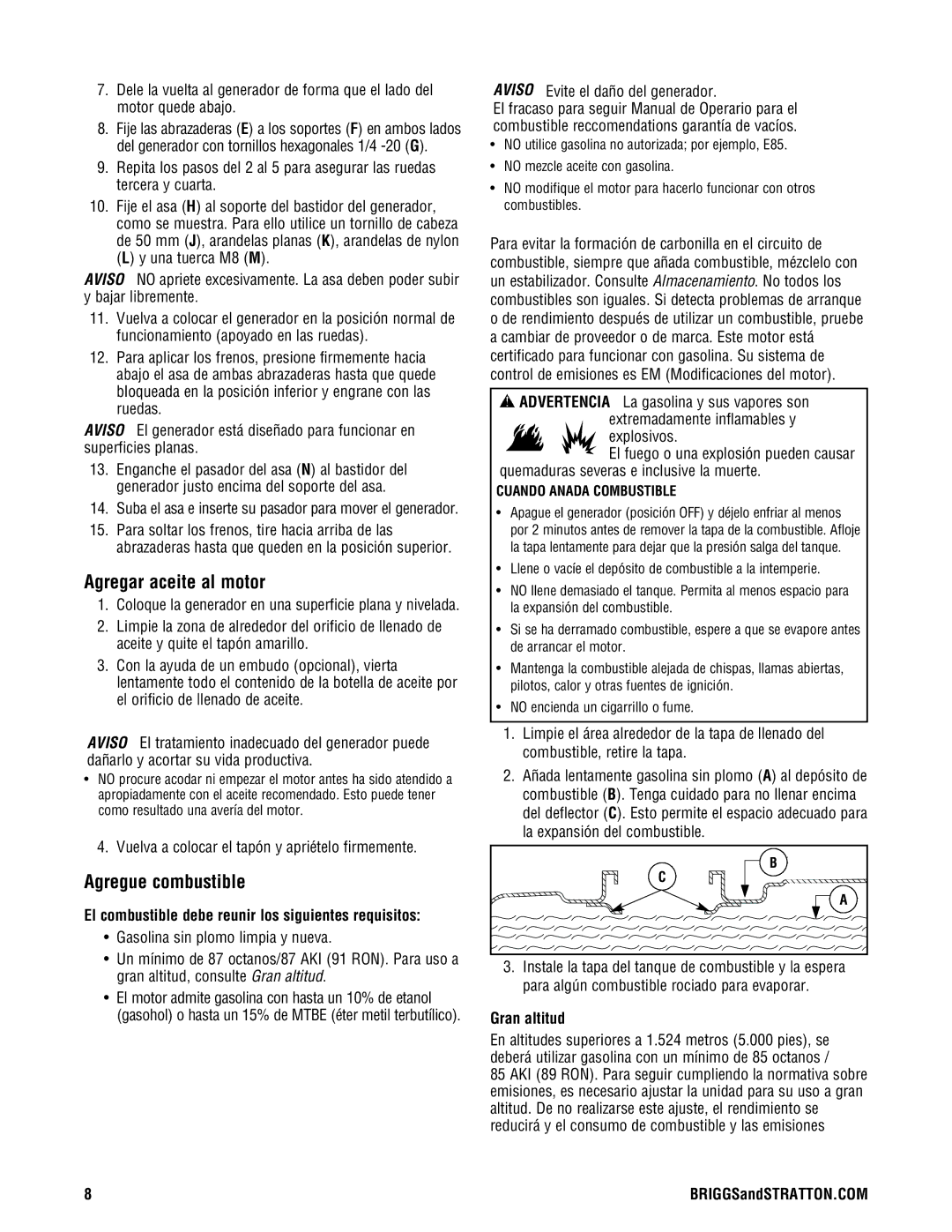 Briggs & Stratton PRO4000 manual Agregar aceite al motor, Agregue combustible, Gran altitud 