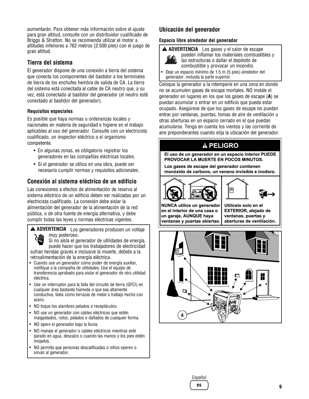 Briggs & Stratton PRO4000 manual Tierra del sistema, Conexión al sistema eléctrico de un edificio, Ubicación del generador 