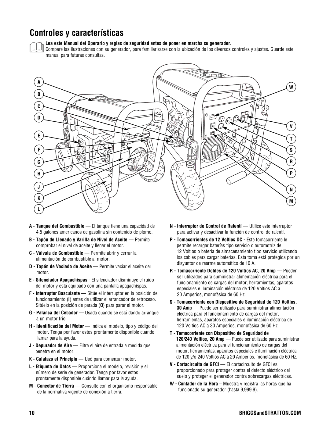 Briggs & Stratton PRO4000 manual Controles y características, Para activar y desactivar la función de control de ralentí 