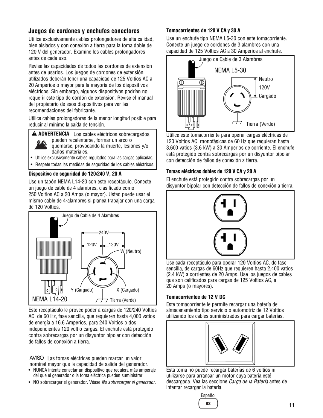 Briggs & Stratton PRO4000 manual Juegos de cordones y enchufes conectores, Dispositivo de seguridad de 120/240 V, 20 a 