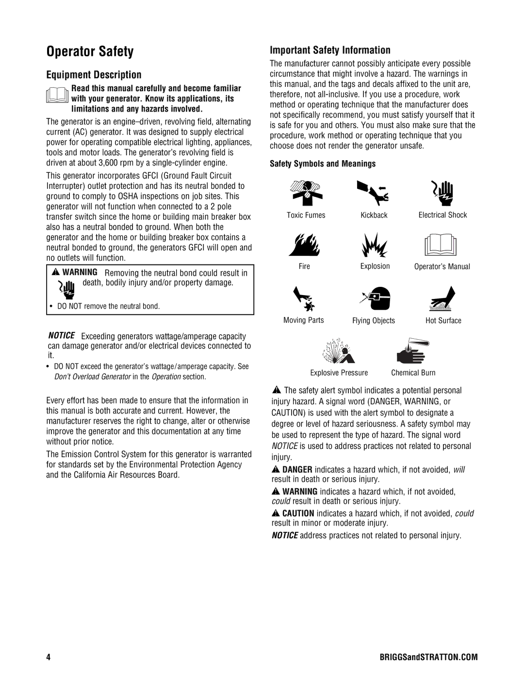 Briggs & Stratton PRO4000 manual Operator Safety, Equipment Description, Important Safety Information 