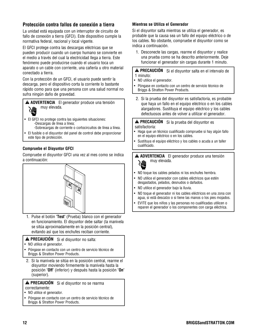 Briggs & Stratton PRO4000 manual Protección contra fallos de conexión a tierra, Compruebe el Disyuntor Gfci 